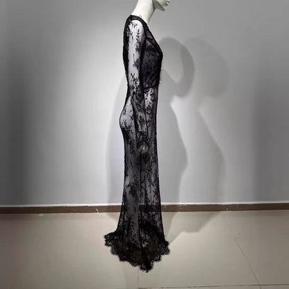 V neck Black Slim Fit Evening Dress Sexy See through Lace Dress Women Dress