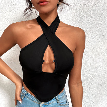 Suéter cruzado con cuello Halter para mujer, ropa interior ajustada, Sexy, camisetas ajustadas para primavera y verano