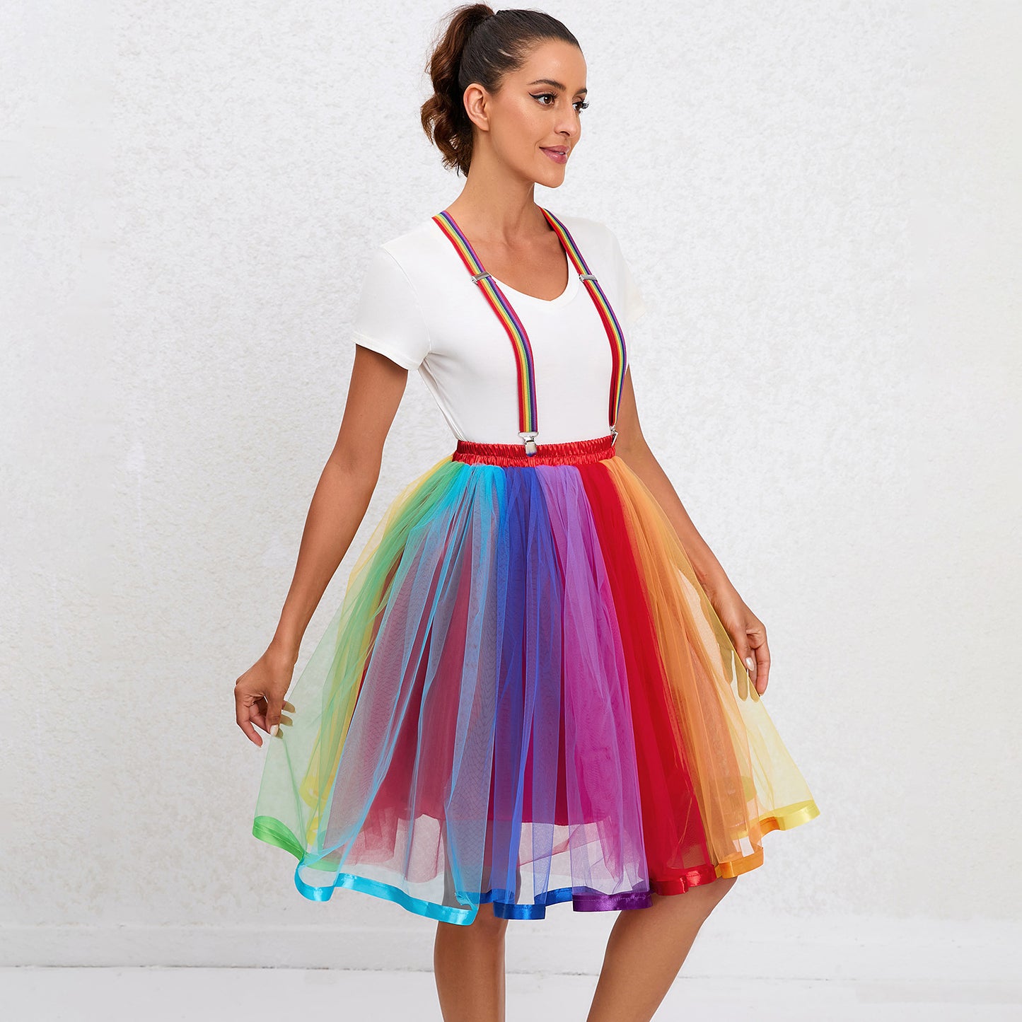 Falda de gasa arcoíris multicapa para adultos, superdosel navideño, falda con tirantes coloridos para adultos, vestido de princesa con tirantes de malla