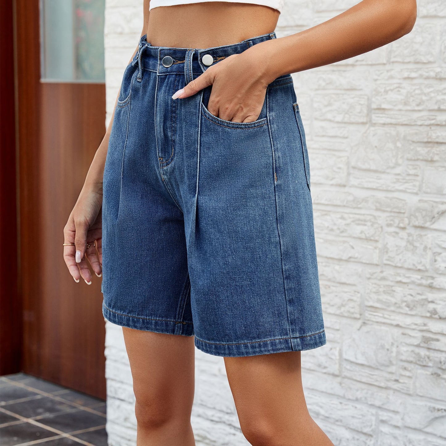 Short en jean délavé à taille réglable pour printemps et été