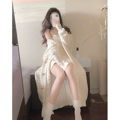 Lait doux vent gluant tricoté costume robe femme 2023 nouveauté élégant mi-long longue longueur Cardigan pull jupe deux pièces ensemble