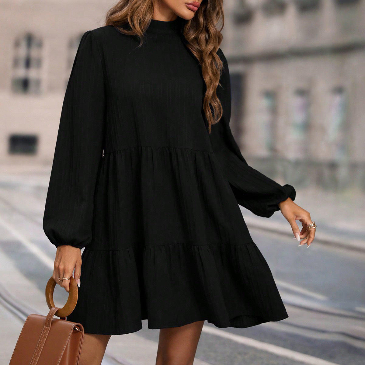 Women Clothing Spring Autumn Solid Color Loose Round Neck Long Sleeved Dress