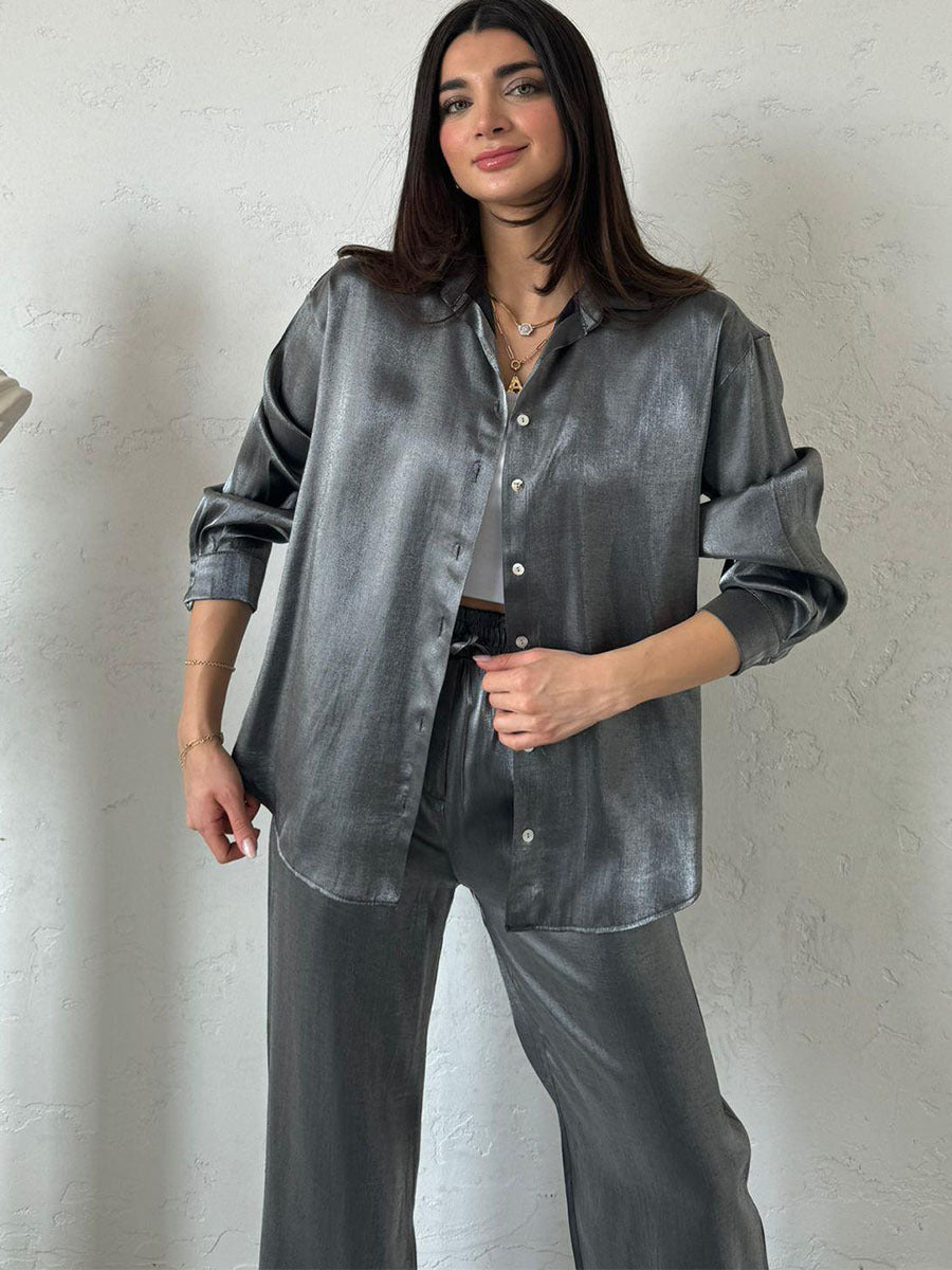 Casual Set Shiny Silk Large Profile Shirt High Waist Wide Leg Length