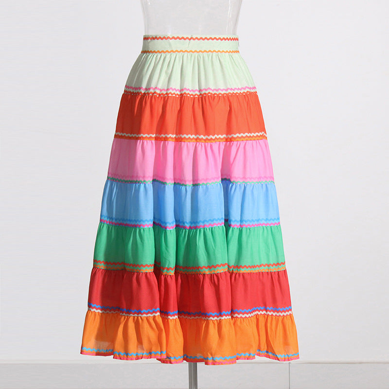 Vacation Rainbow Striped Skirt Autumn High Waist Stitching Colorful Loose Slimming Midi Skirt for Women