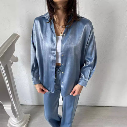 Casual Set Shiny Silk Large Profile Shirt High Waist Wide Leg Length