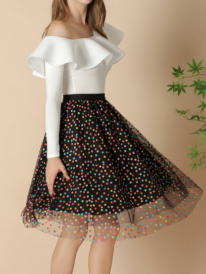 Mesh Skirt Autumn Colorful Polka Dot Printed A Line Skirt Mid Length Elastic Waist Fairy Three Layer Umbrella Skirt