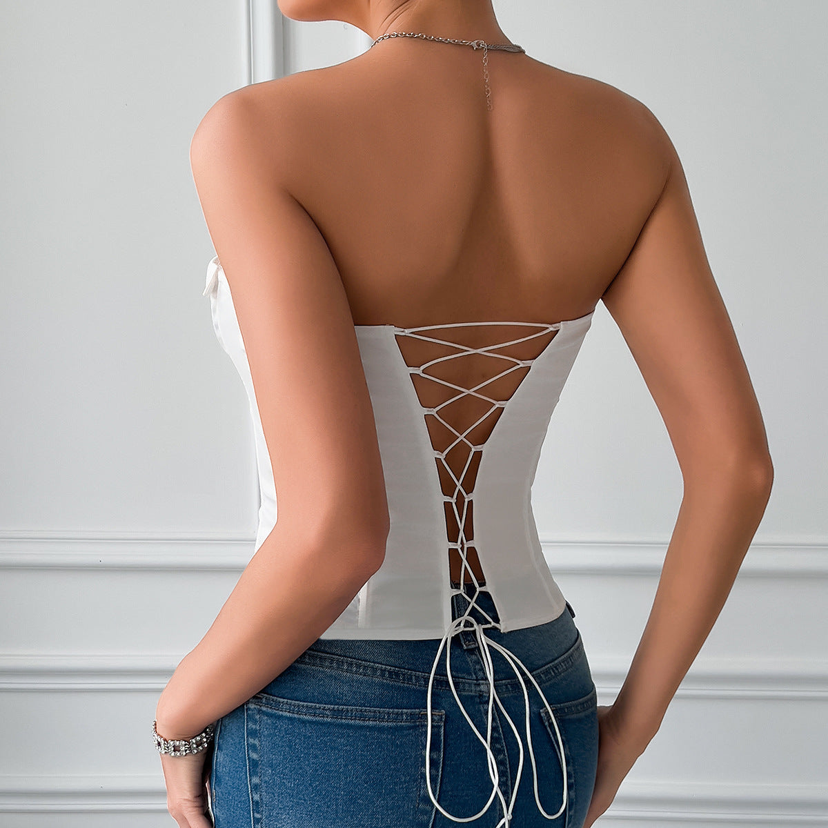 Sexy Low Cut Business Satin Tie Solid Color Boning Corset Lace up Steel Ring Top