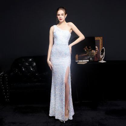 Women Heavy Craft Colorful Sequin Socialite Gathering Party Evening Dress Sexy Long Slimming Toast Dress Bride