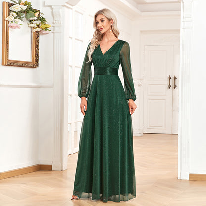 Women Elegant V Neck Shiny Chiffon Evening Dress A line Sheer Long Sleeve Wedding Party Dress Bridesmaid