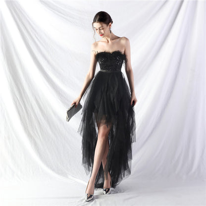 Hand Ordered Ostrich Feather Positioning Floral Sequin Mesh Front Short Back Long Wrapped Chest Evening Dress