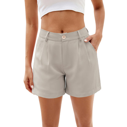 Women Shorts Summer Elastic High Waist Ruched Business Casual Work Short Belt Pockets