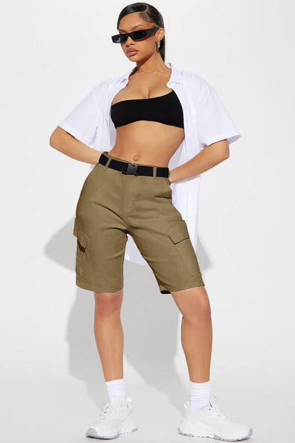 Workwear Shorts Mid Pants Spring Summer Fifth Pants High Street Belt Solid Color Women Pants