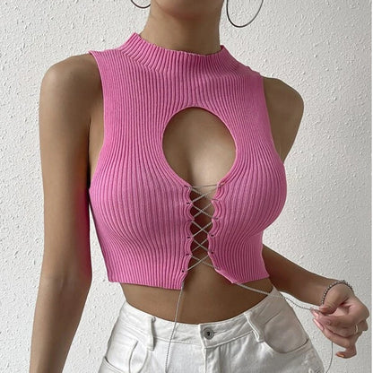 Top Sexy Sexy Hollow Out Cutout Out Strap Solid Color Short Slim Knitted Vest Women