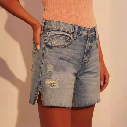 Short en Denim rétro taille haute pour femmes, pantalon décoratif amincissant pour filles