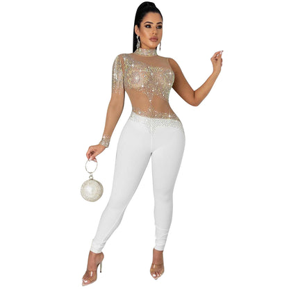 Women Clothing Autumn Winter Sexy One Shoulder Colorful Crystals See through Rhinestone Jumpsuit