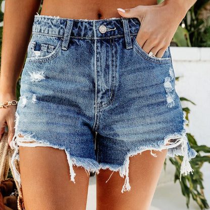 Hand Frayed Tassel Ripped Comfortable Denim Shorts for Women