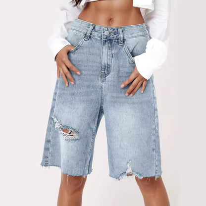 Jean d'été taille haute rétro porté pour femmes, pantalon court ample à ourlet brut en détresse