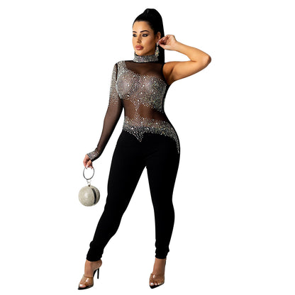 Women Clothing Autumn Winter Sexy One Shoulder Colorful Crystals See through Rhinestone Jumpsuit