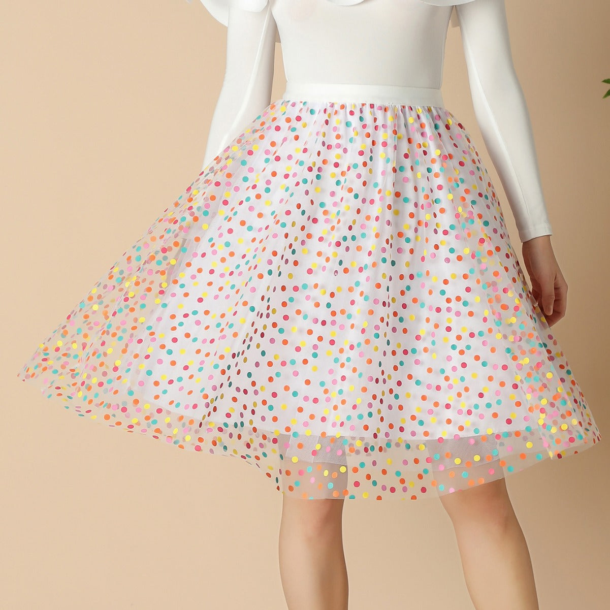 Mesh Skirt Autumn Colorful Polka Dot Printed A Line Skirt Mid Length Elastic Waist Fairy Three Layer Umbrella Skirt