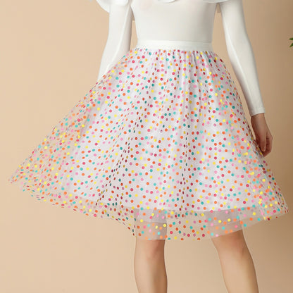 Mesh Skirt Autumn Colorful Polka Dot Printed A Line Skirt Mid Length Elastic Waist Fairy Three Layer Umbrella Skirt