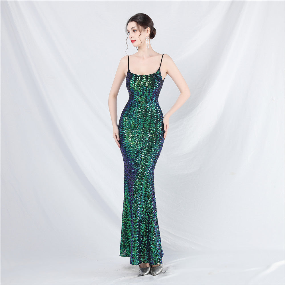 Robe de soirée à bretelles à paillettes colorées pour femmes