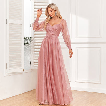 Elegant Long Sleeve Backless Pleated Evening Dress Shiny Tulle A Line Full Lining Pink Wedding Maxi Dress