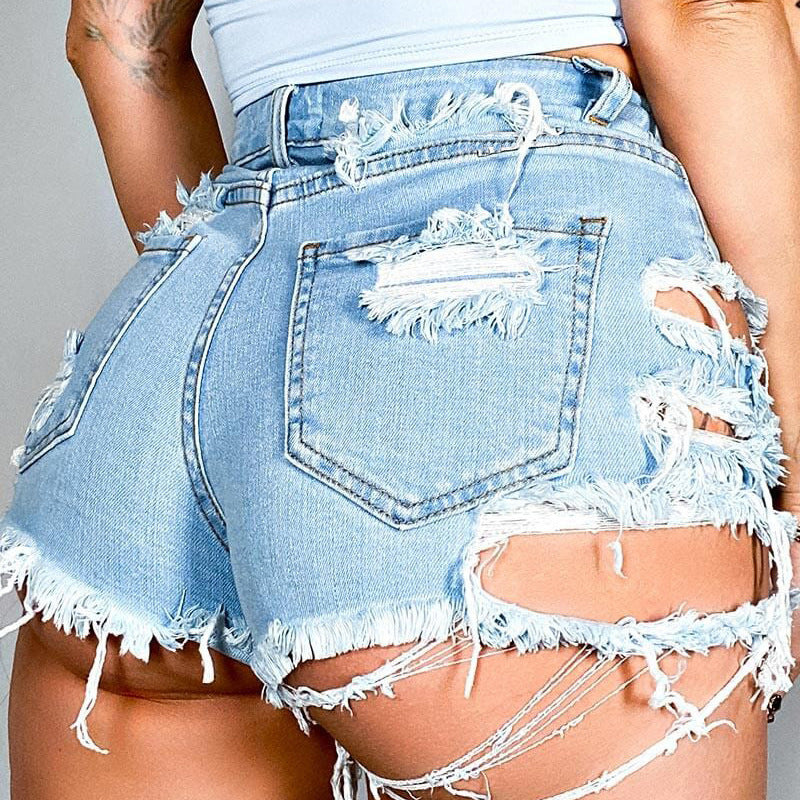 Jeans Mujer Verano Moda Cintura Alta Pantalones Cortos Con Flecos Rasgados