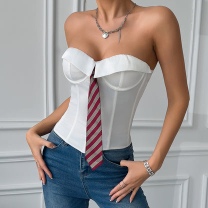 Sexy Low Cut Business Satin Tie Solid Color Boning Corset Lace up Steel Ring Top