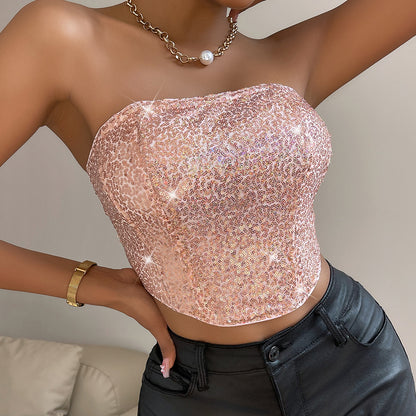 Top sexy à paillettes pour boîte de nuit, haut court et brillant en forme de losange, bustier tubulaire