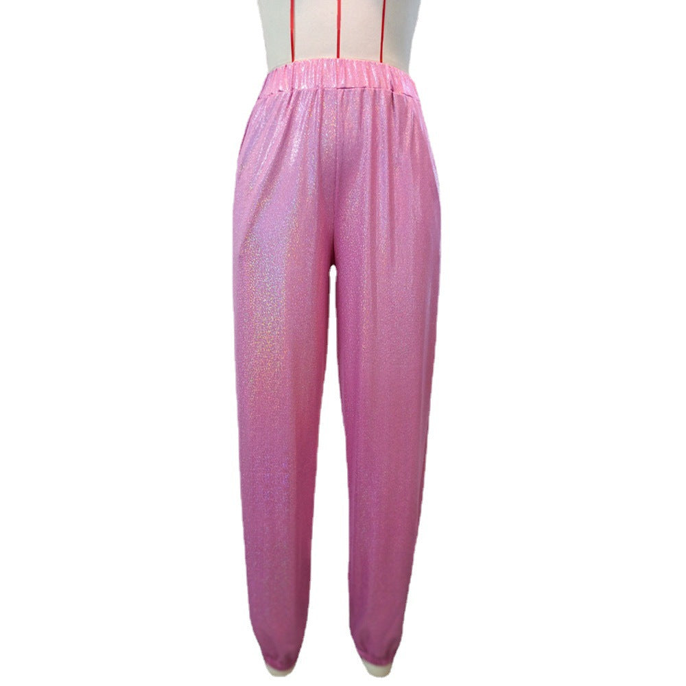 Shiny Breathable Elastic Waist Hip Hop Casual Pants for Women