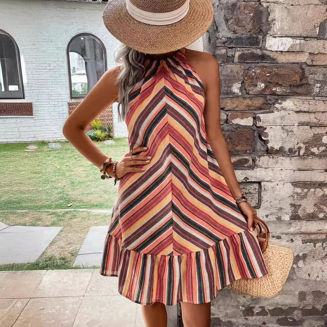 Summer Women Clothing Colorful Striped Halter Rainbow Dress