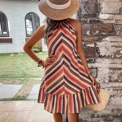 Summer Women Clothing Colorful Striped Halter Rainbow Dress