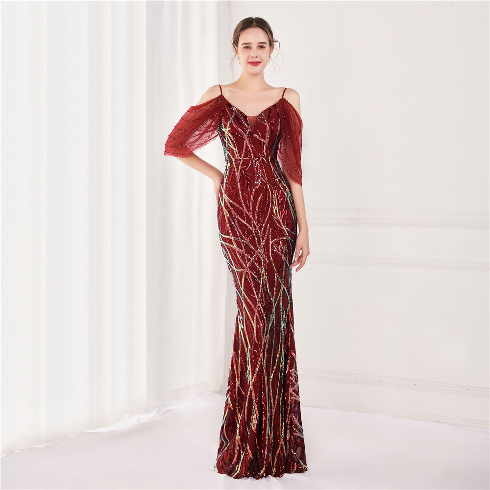 Colorful Sequin Toast Dress Bride Long Appreciation Dinner Slim Fit Fishtail Wedding Car Model Exhibition Dress