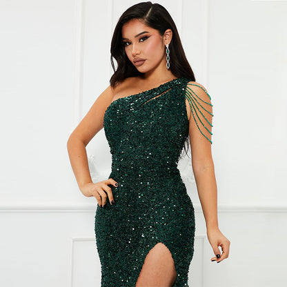 Robe Slim à paillettes, asymétrique épaule dénudée, couleur unie, tenue pour femme