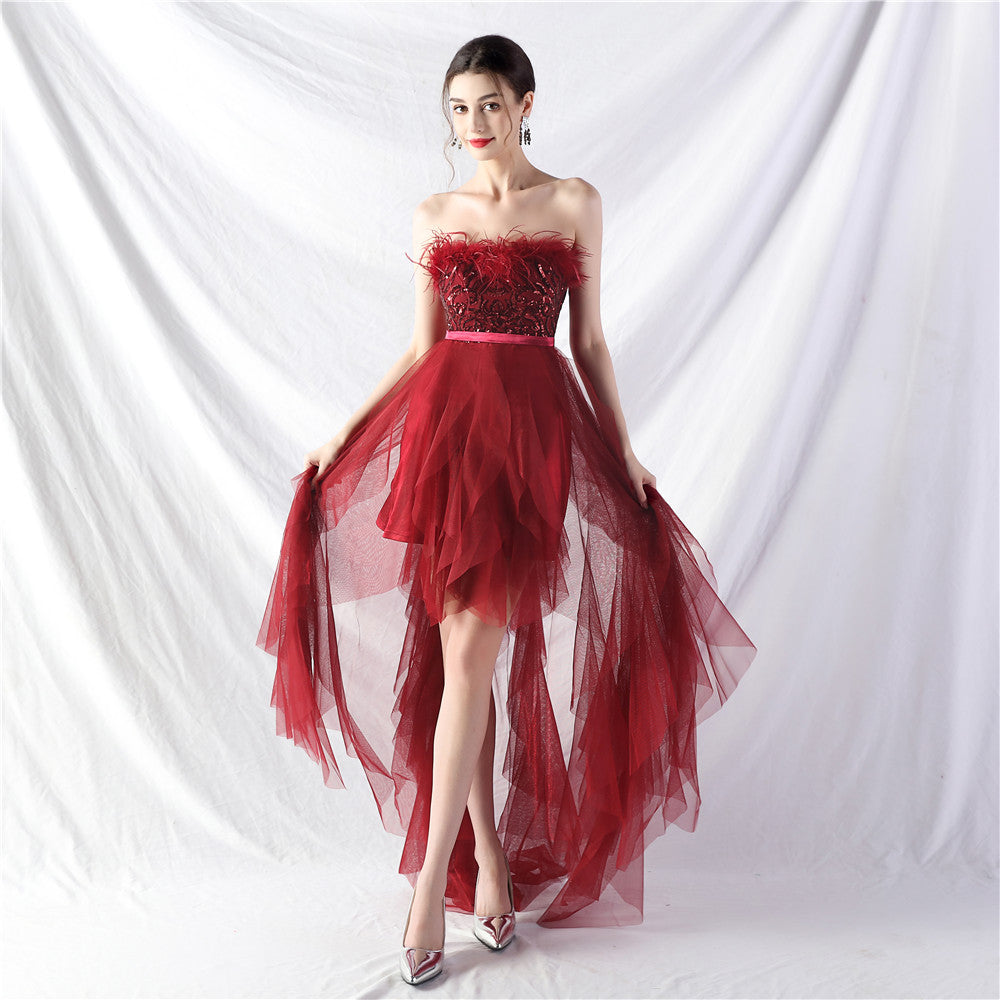 Hand Ordered Ostrich Feather Positioning Floral Sequin Mesh Front Short Back Long Wrapped Chest Evening Dress