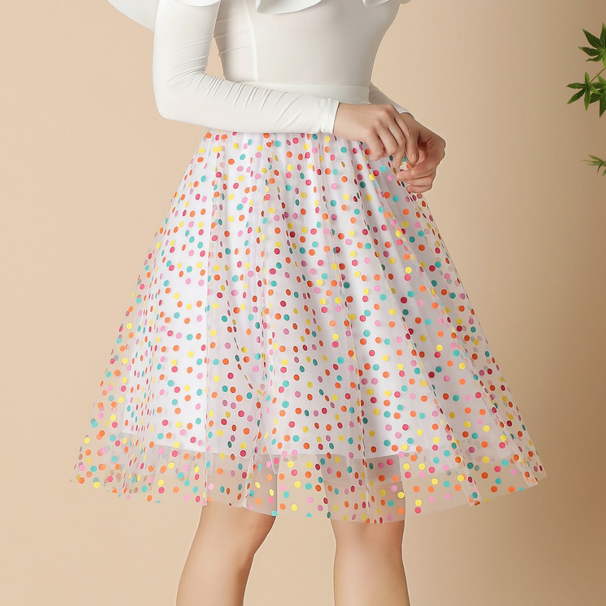 Mesh Skirt Autumn Colorful Polka Dot Printed A Line Skirt Mid Length Elastic Waist Fairy Three Layer Umbrella Skirt