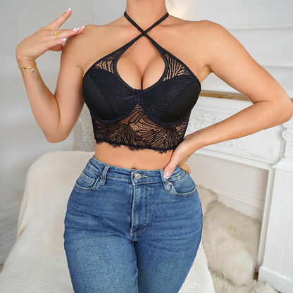 Camisola de encaje con cuello Halter para mujer, ropa interior Sexy para otoño e invierno, Top negro con imprimación