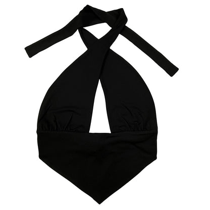 Été hors épaule couleur unie noir croisé Base coupe ajustée dos nu licou ajouré découpe Camisole nœud Sexy bustier tubulaire