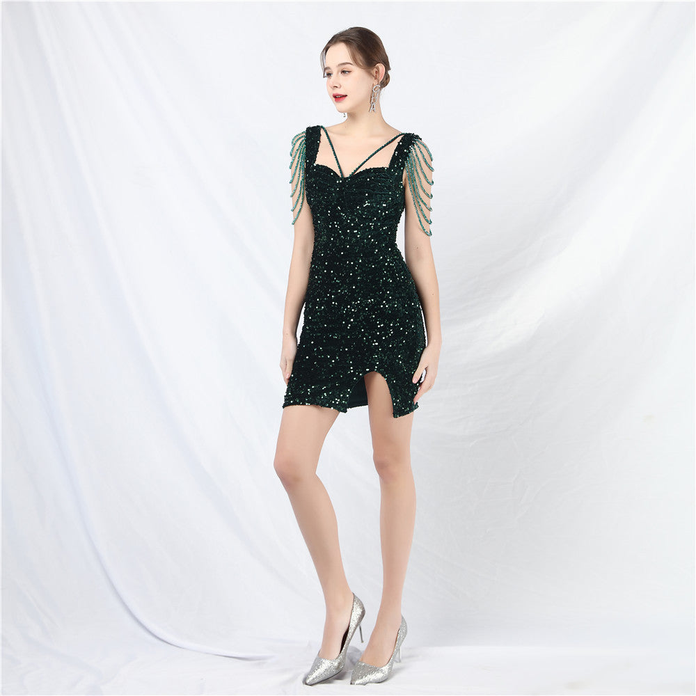 Velvet Bottom Handmade Beads Heavy Craft Beaded Colorful Sequined Short Dress Evening Dress