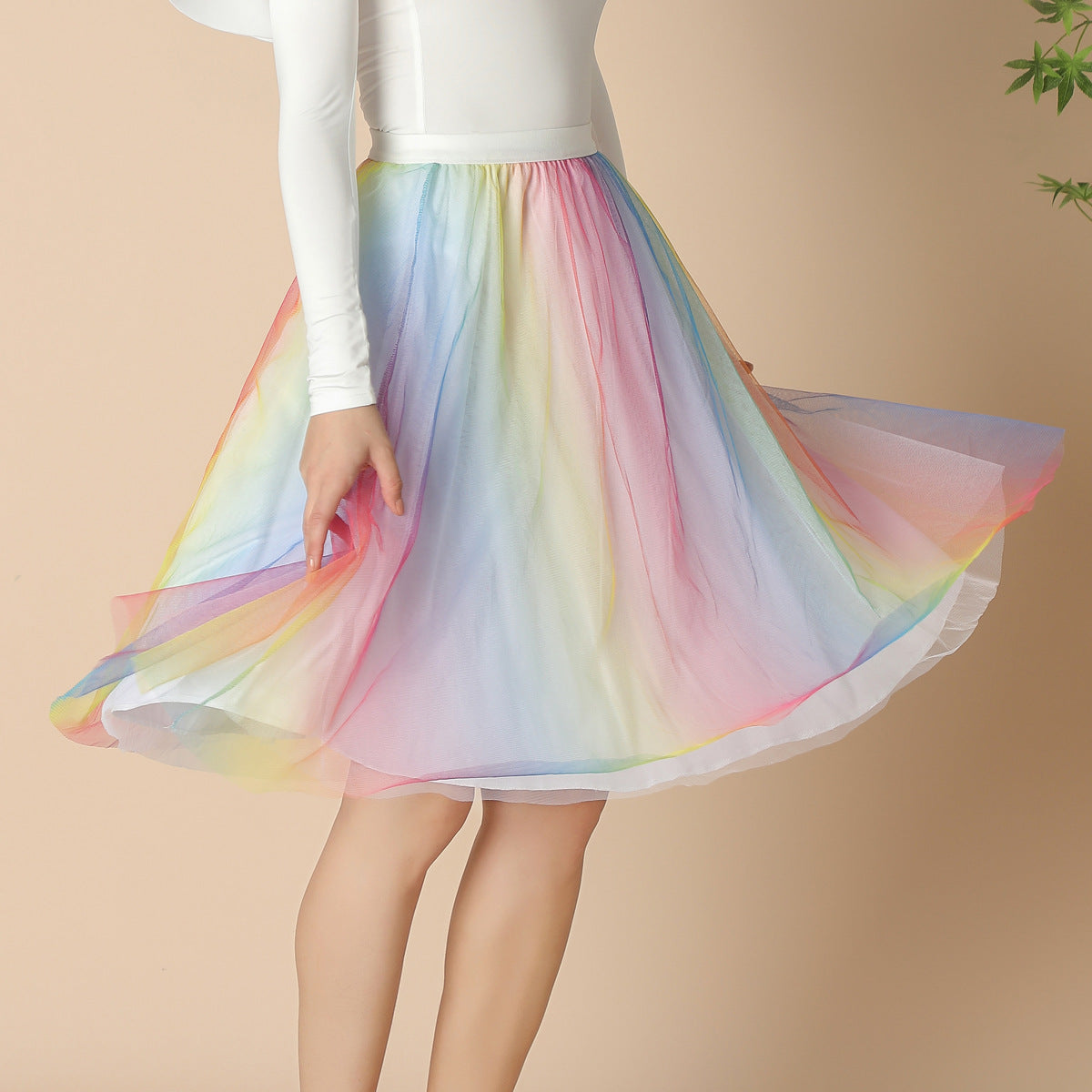 Mesh Skirt Autumn Colorful Polka Dot Printed A Line Skirt Mid Length Elastic Waist Fairy Three Layer Umbrella Skirt