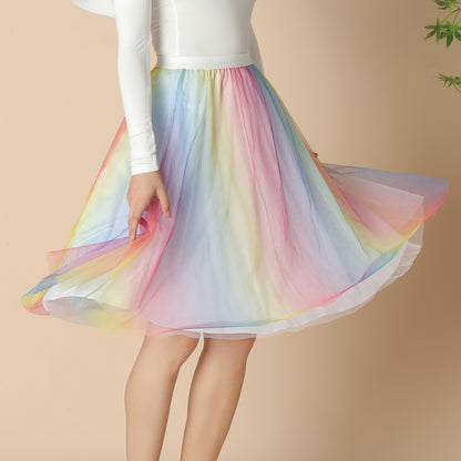 Mesh Skirt Autumn Colorful Polka Dot Printed A Line Skirt Mid Length Elastic Waist Fairy Three Layer Umbrella Skirt