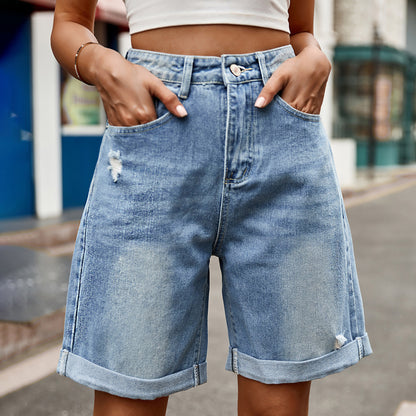 Women Clothing Trade Ripped Curling Five Point Denim Shorts Casual Pants