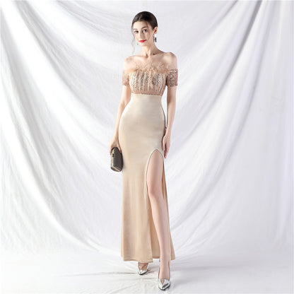 Craft Order Ostrich Fur Velvet off Neck Evening Dress