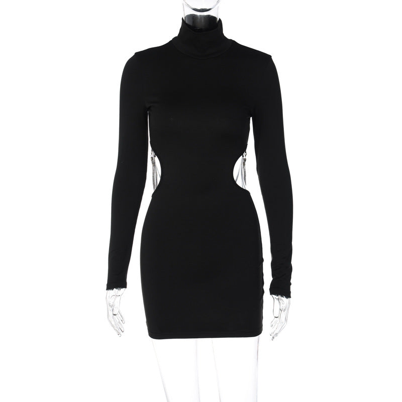 Women Clothing Autumn Sexy Backless Hollow Out Cutout out Chain Slim Fit Long Sleeved Dress