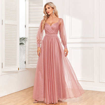 Elegant Long Sleeve Backless Pleated Evening Dress Shiny Tulle A Line Full Lining Pink Wedding Maxi Dress