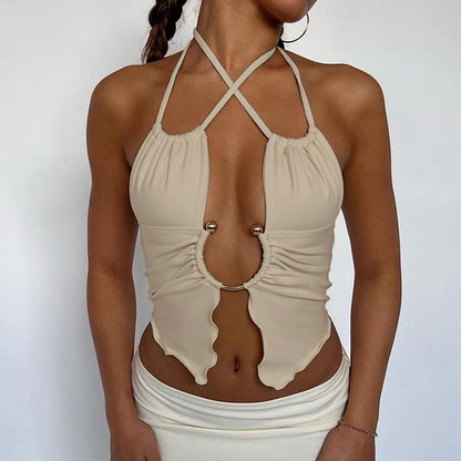 Camisole licou avec anneau en métal ajouré, haut court sexy d'été