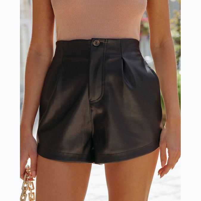 Short en cuir taille haute pour femme, couleur unie, printemps été