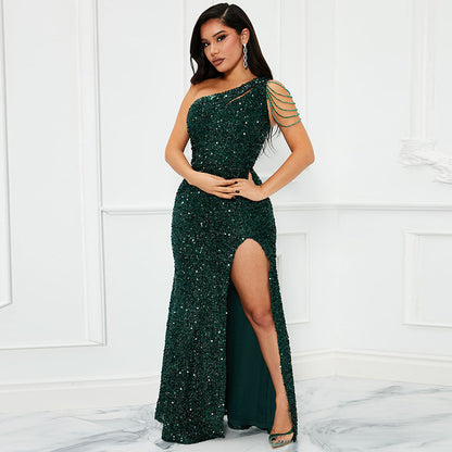 Women Wear Sequined One Shoulder Split Solid Color Slim Dress