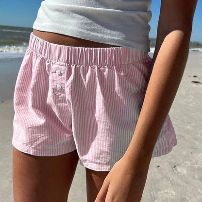 Pantalones cortos de playa a rayas azules simples para vacaciones, pantalones informales holgados con cintura elástica para deportes en casa para mujer