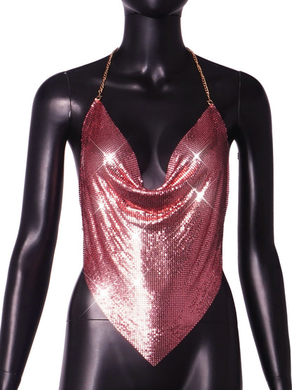 Nightclub Metal Chain Sequin Sling Tube Top